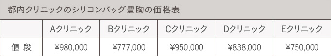 シリコンバッグ豊胸の価格表